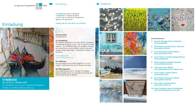 Neues aus der Reihe Kunst in der St.-Mauritius-Therapieklinik „Symbiose – Neusser Künstler treffen Krefelder Künstler“ 28.06. – 31.10.2019 Gemeinschaftsausstellung mit den Künstlergruppen „Südgang Krefeld“ und „Kunst.Neuss e.V.“