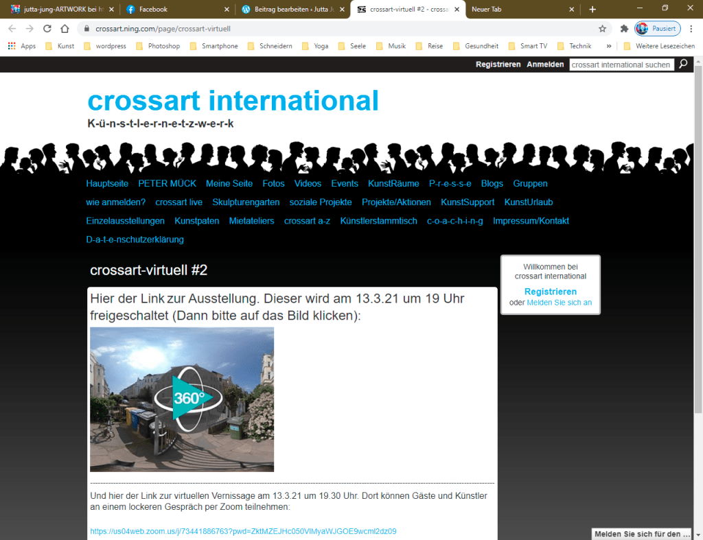 Einladung zur „Virtuellen Ausstellungseröffnung crossart-virtuell #2“ mit Beteiligung von Jutta&nbsp;Jung