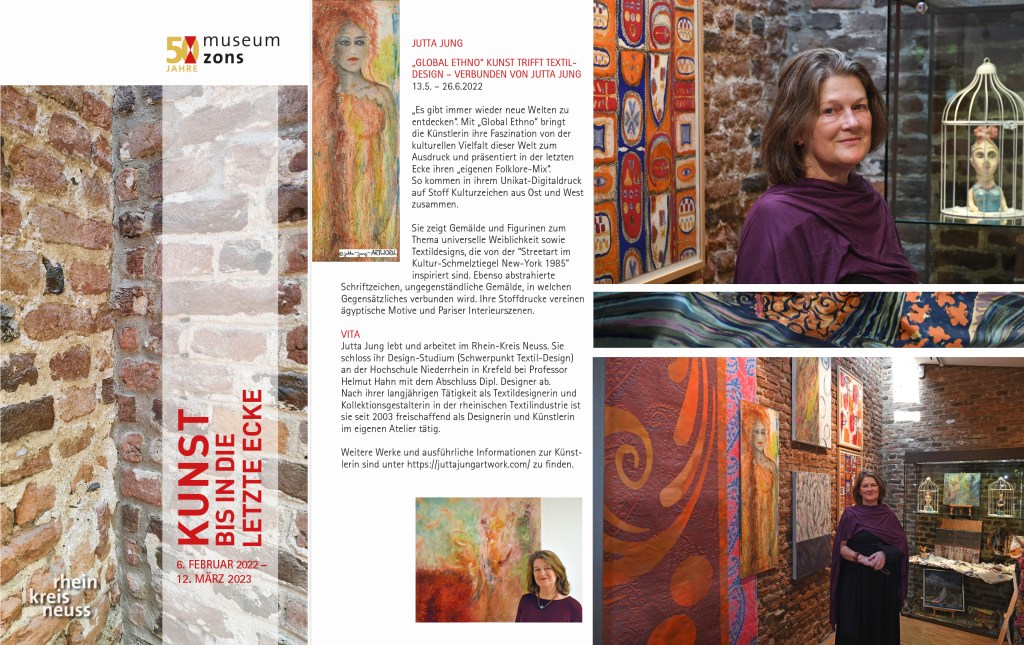 „Global Ethno“ im Kreismuseum Zons – Einzelausstellung von Jutta Jung – Ihr Thema: „Kunst trifft Textildesign“
