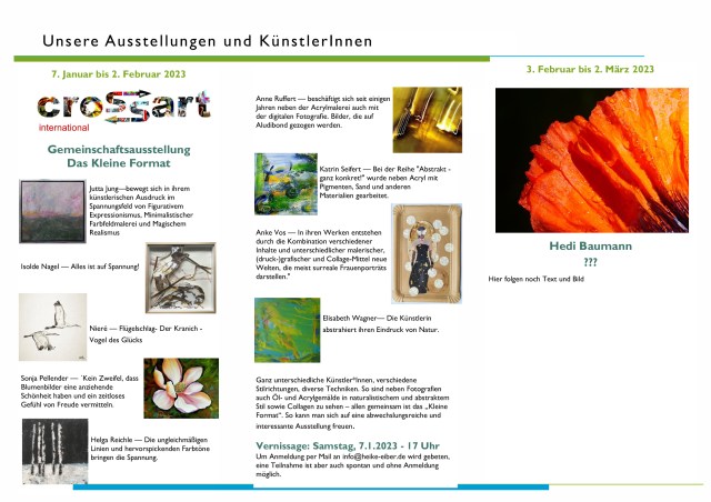 "Das kleine Format" Ausstellung zeitgenössische Kunst bei "Galerie Lesart" in Oberhaching/Deisenhofen bei München in Kooperation mit "Crossart International"

Ich freuen mich sehr darüber dass die Galerie "Lesart" in Deisenhofen bei München auch drei meiner Werke für die Gemeinschaftsausstellung "Das kleine Format" ausgewählt hat.