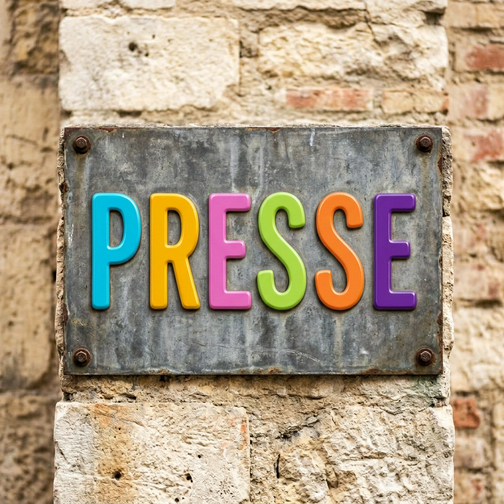Metal sign reading 'PRESSE' attached to stone wall with rusted bolts